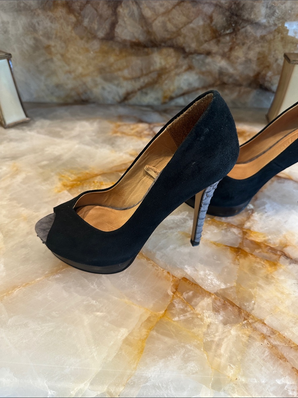 Zara Black Suede Peep-Toe Stiletto Pumps with Gray Heel Detail